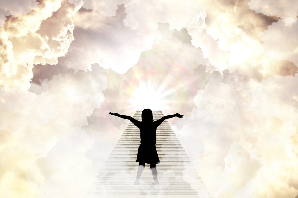 Girl With Open arms and a stair to heaven in front of her