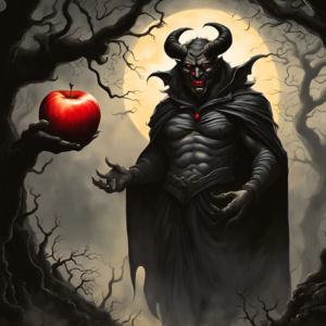 A demon and an red apple representing temptation