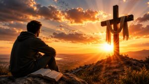 Man sitting looking to the cross
