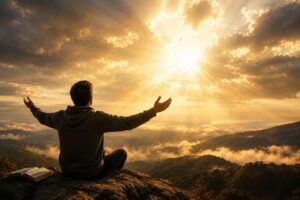 Man sit at the mountain praising God