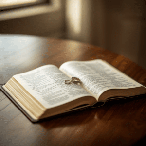 Bible with married rings on it