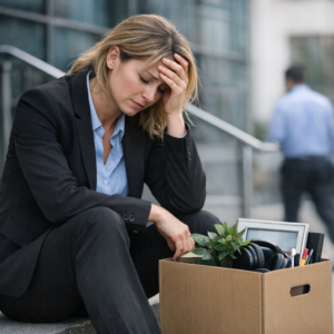 a woman that was fired from her job sad after the situation