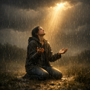 a women in knee on the rain